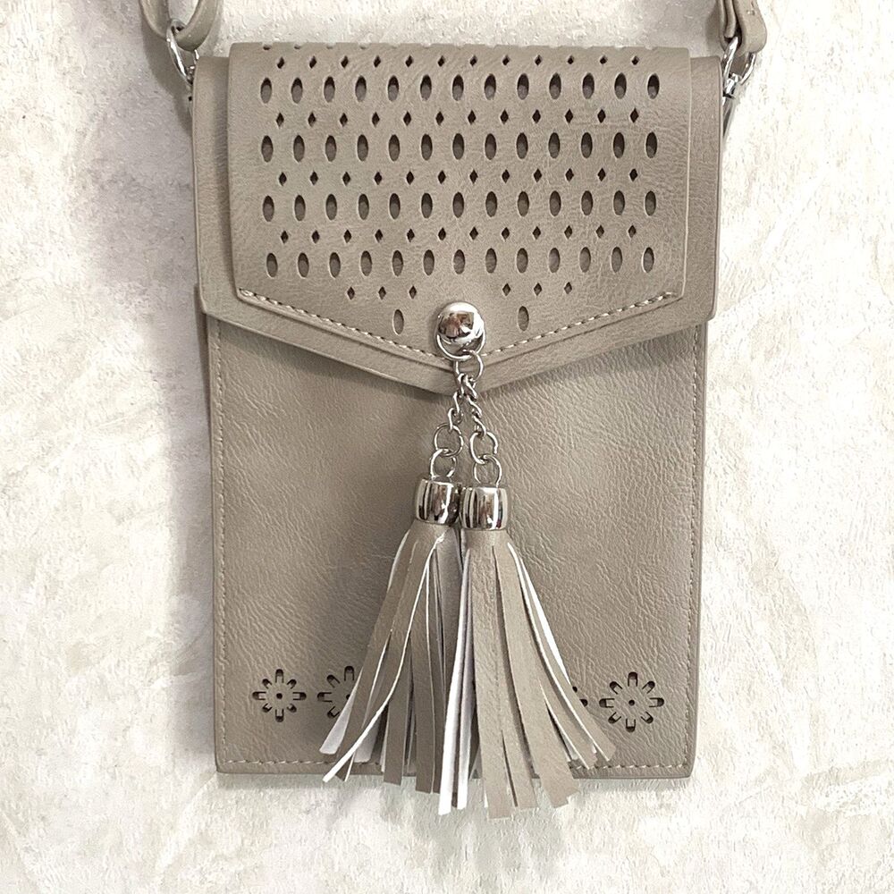 INICAT Fringe Multi Pocket Crossbody Cell Phone Purse - Creamy Beige Greige NEW